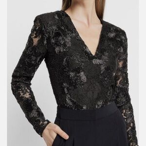 NWT Express Black Lace Embroidered Vneck Thong Bodysuit M